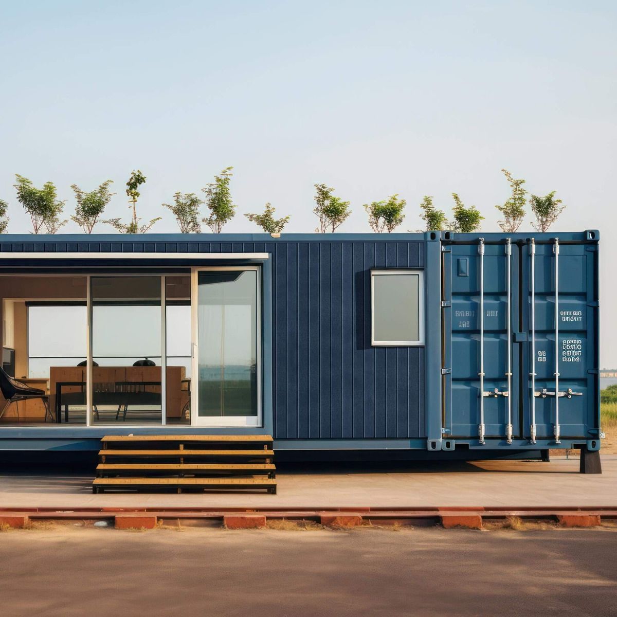 Vorhangfassade von vinyPlus für einen Container in der Farbe Stahlblau